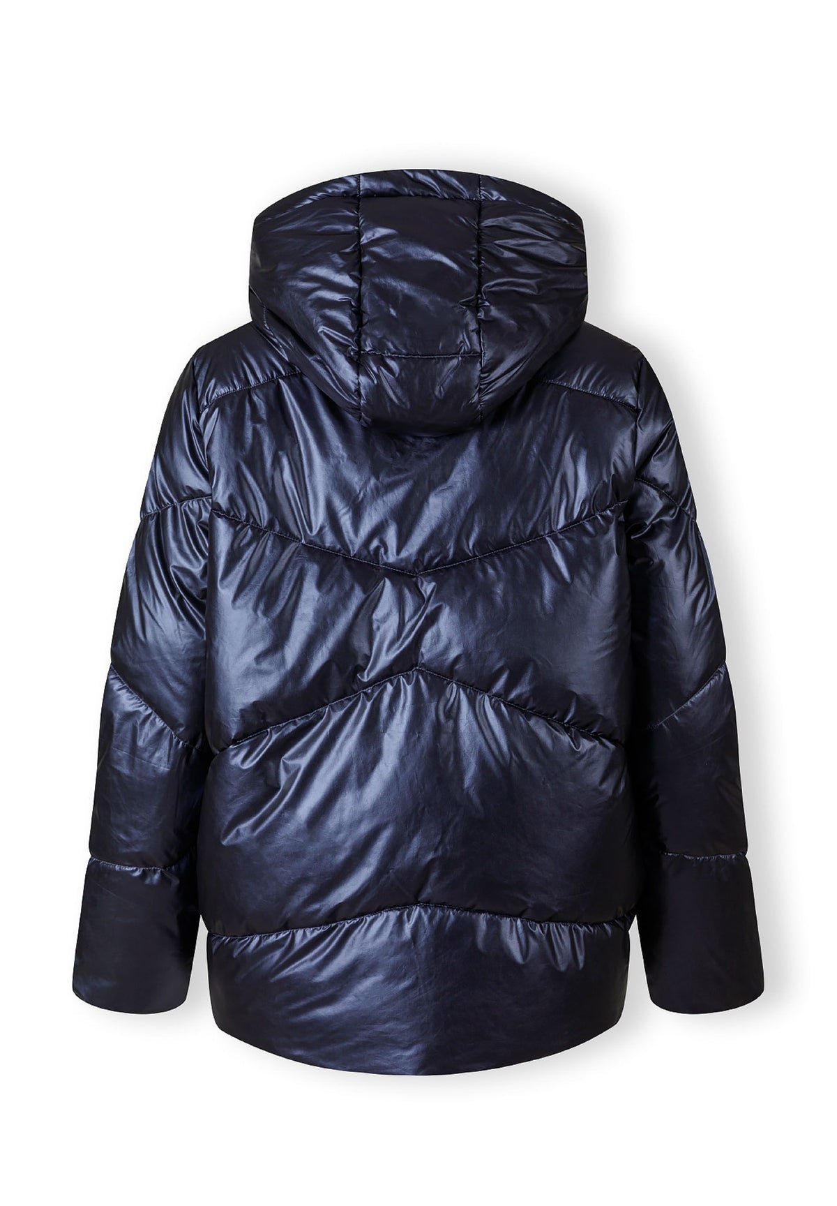 Back of a navy puffer jacket.