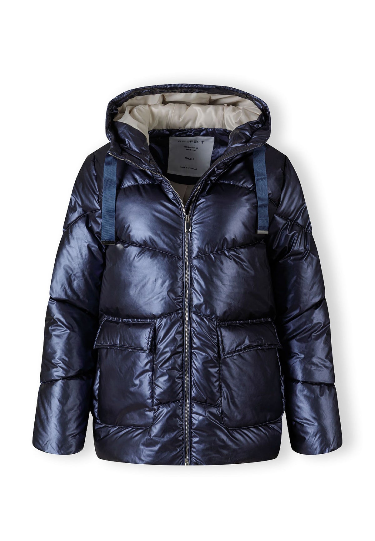 The navy puffer jacket shown open to reveal the inside.