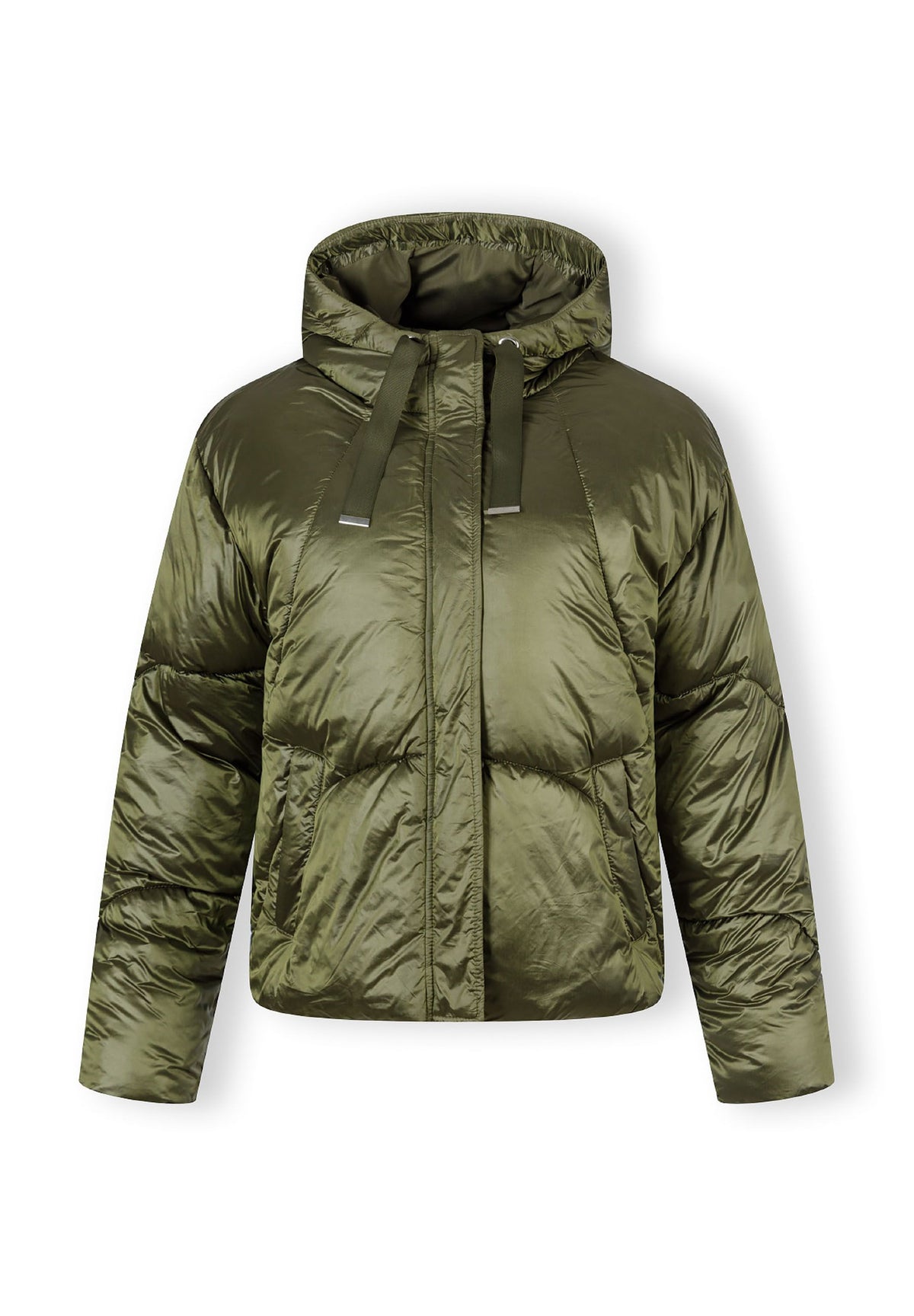 Front of a khaki puffer jacket.