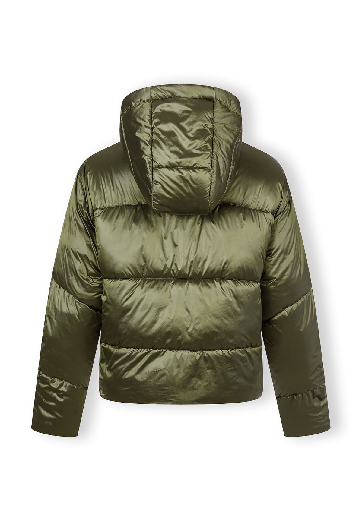 Back of a khaki puffer jacket.
