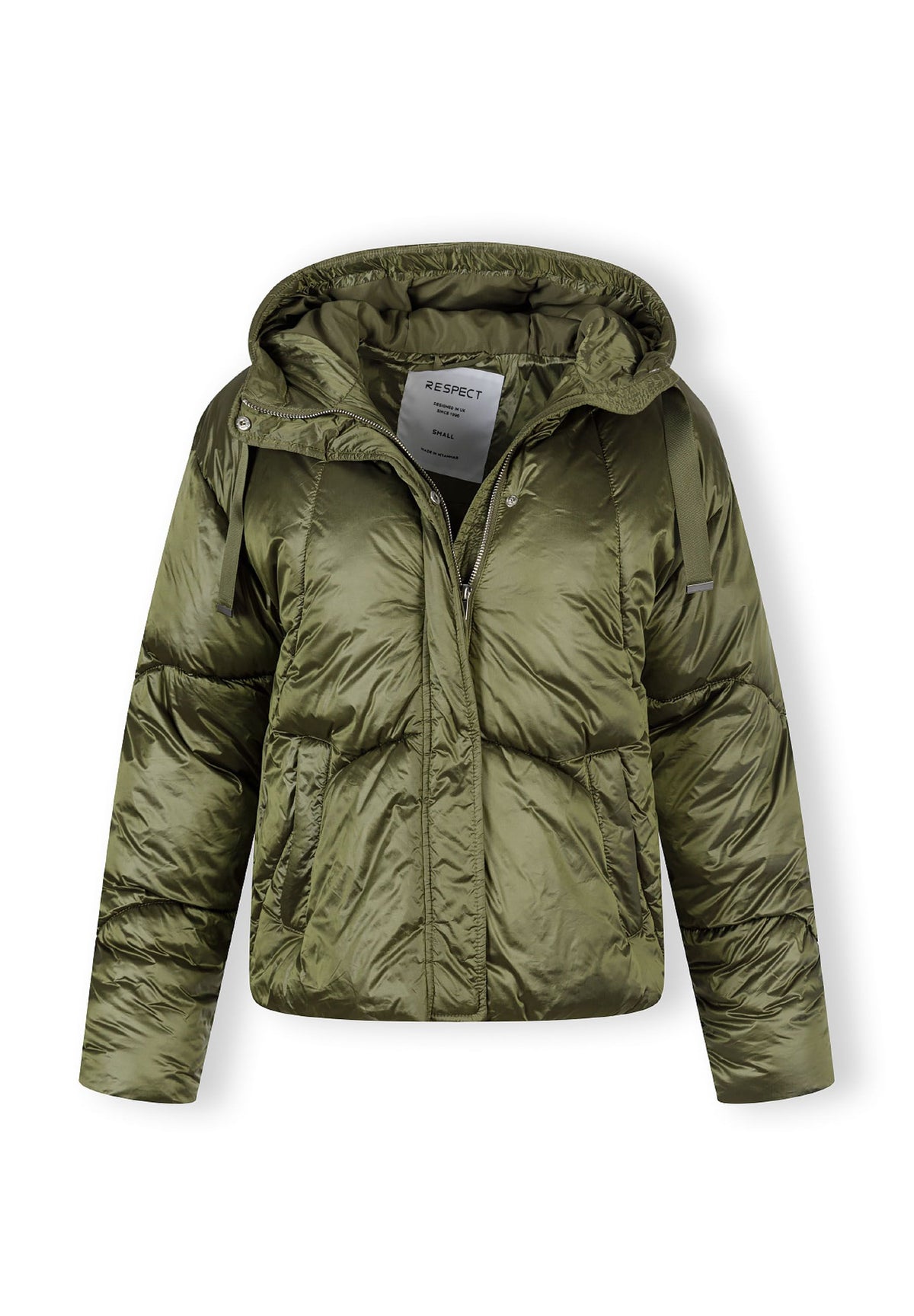 The khaki puffer jacket shown open to reveal the inside.