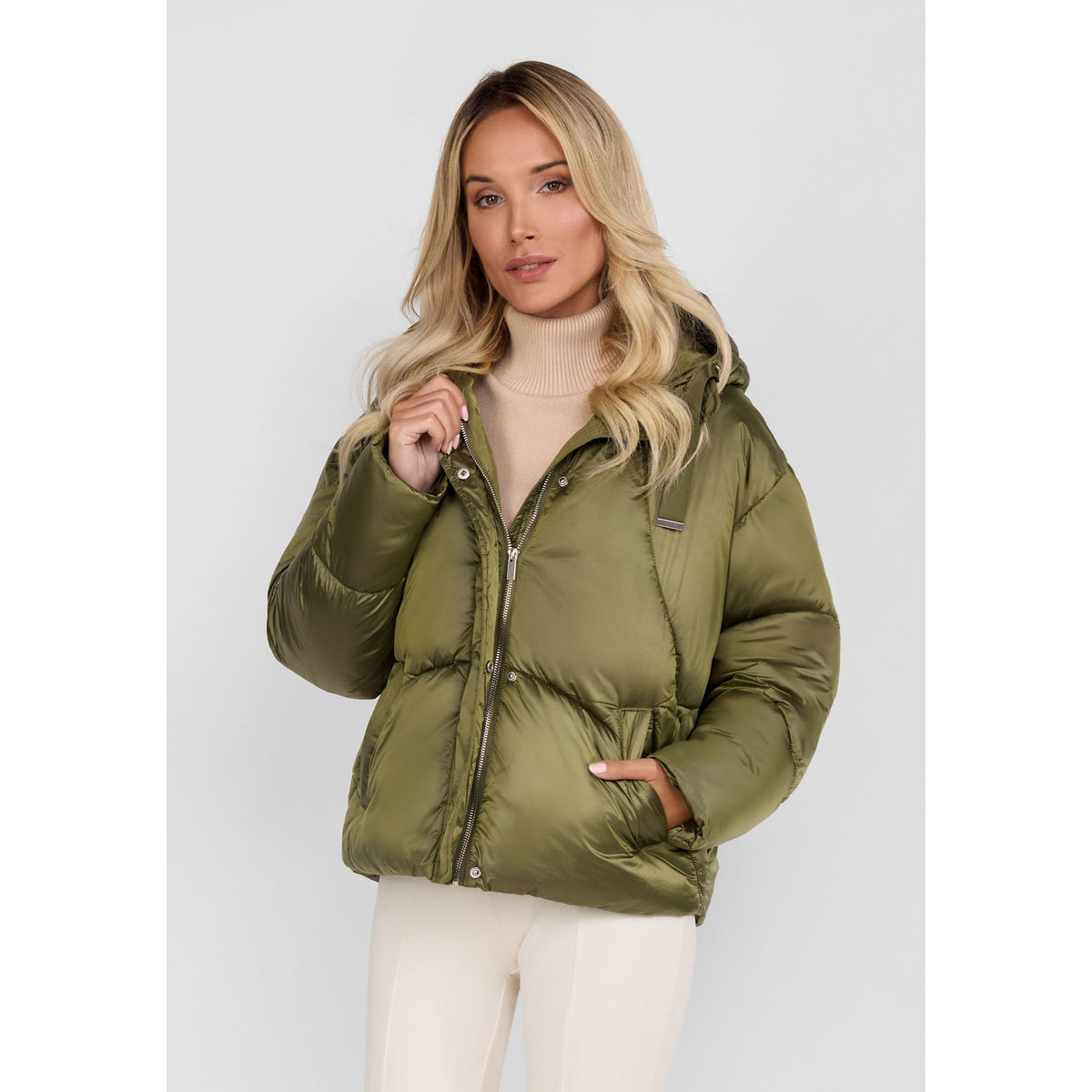 Women's puffer jacket in khaki — complete product view for square Shop card