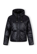 Women's short black insulated hooded jacket with a full-length zipper and two side pockets.