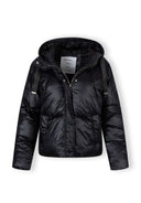 Women's short black insulated hooded jacket, front view with full-length zipper and two side pockets.