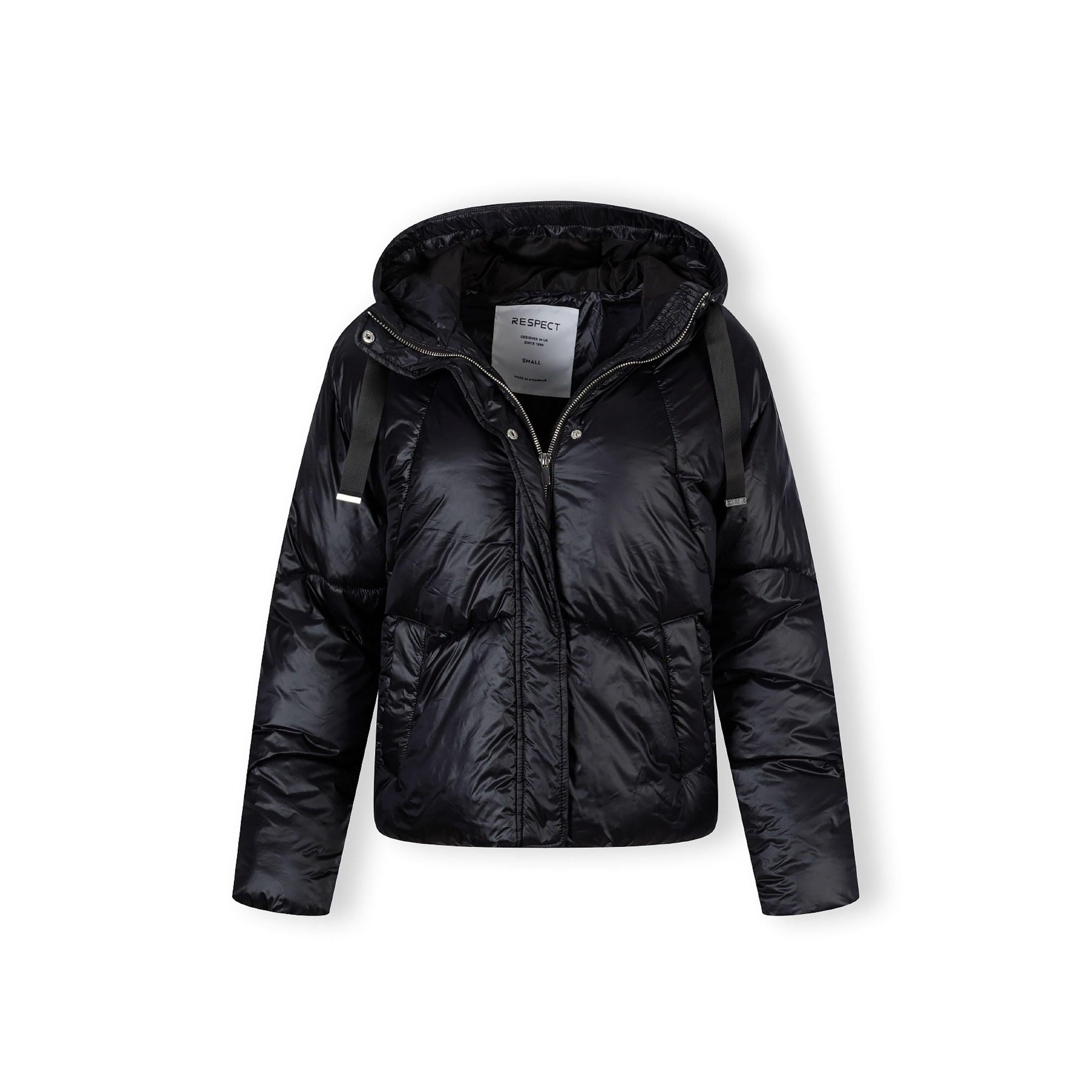 Close-up detail of black quilted jacket fabric showing glossy finish and horizontal stitching lines