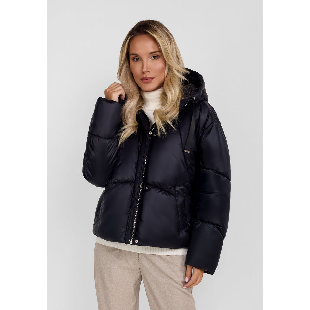 Women's puffer jacket in black — complete product view for square Shop card