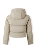 Back view of a women's short quilted jacket with a fixed hood in light grey.