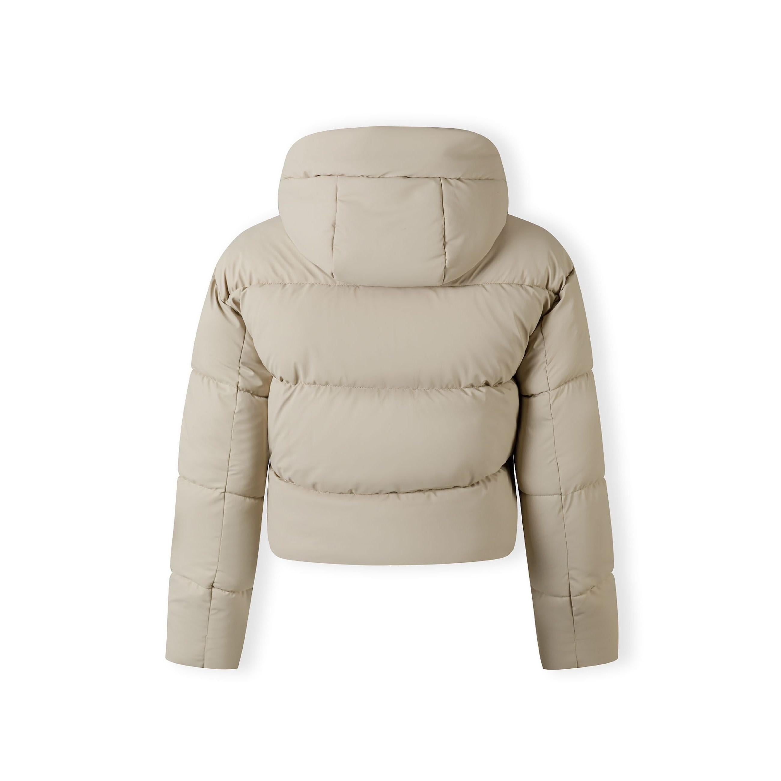 Back view of stone grey quilted puffer jacket showing hood detail and quilted pattern on white background