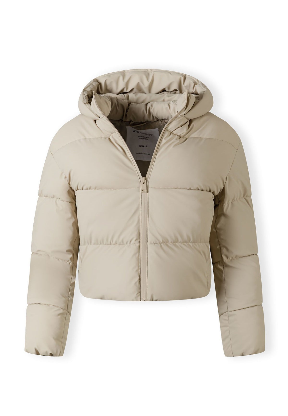The beige cropped puffer jacket shown open to reveal the inside.