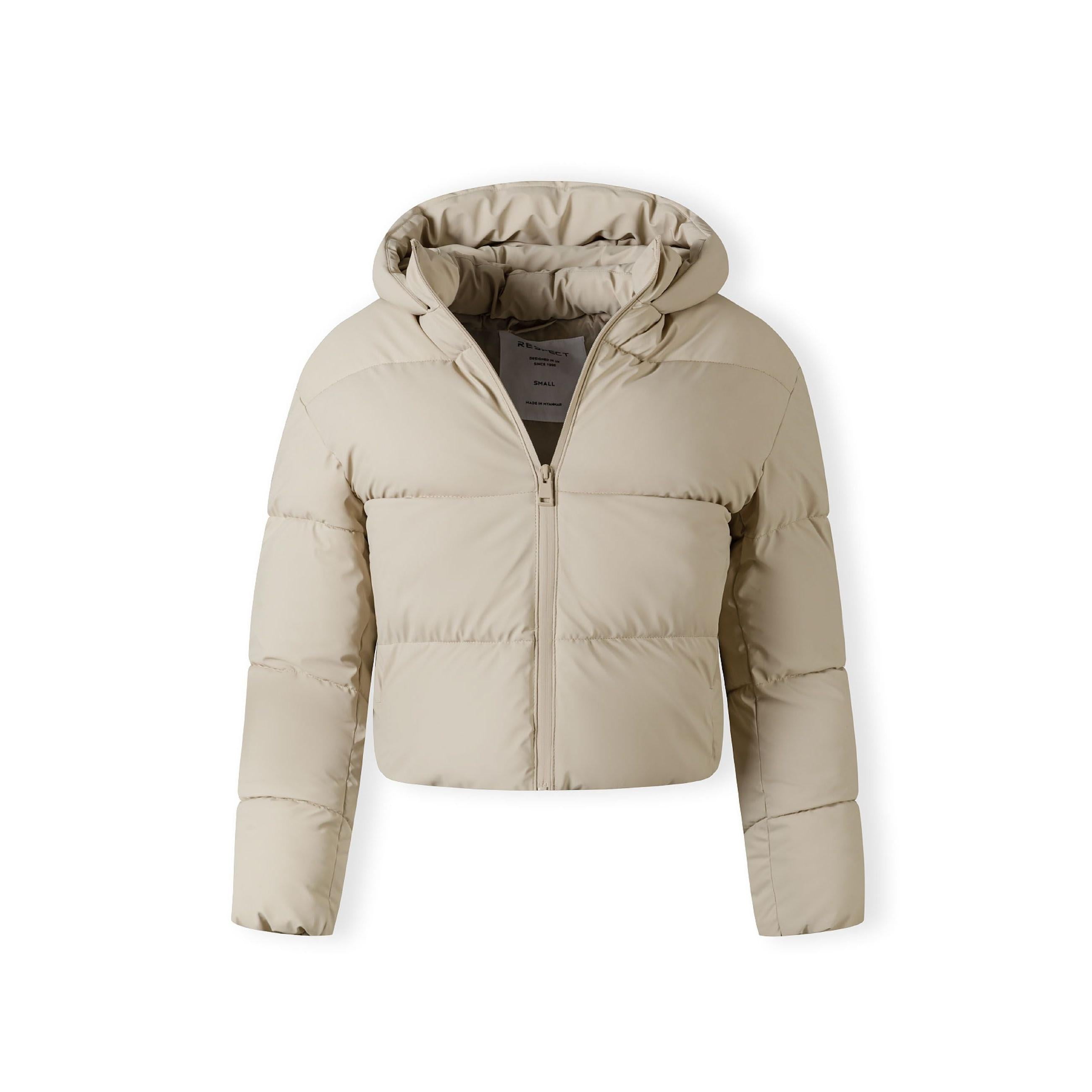 Close-up detail of stone grey quilted jacket showing side pocket opening and quilted stitching pattern