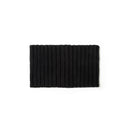 Close-up of a black knitted snood with ribbed texture.