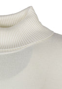 Close-up of a cream knitted turtleneck jumper with ribbed collar.