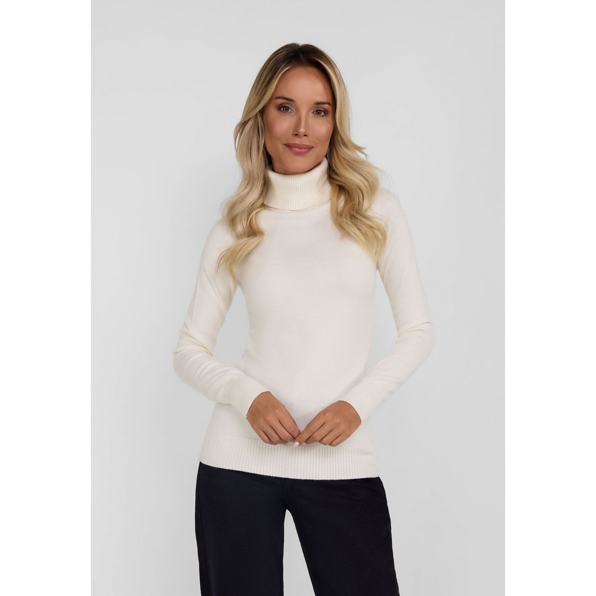 Women's roll neck jumper in cream — complete product view for square Shop card