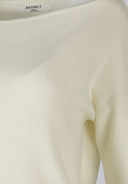 Close-up of a cream women's jumper with a boat neckline and ribbed cuffs.