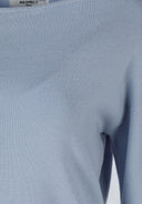 Close-up of a light blue women's jumper with a boat neckline and ribbed cuffs.