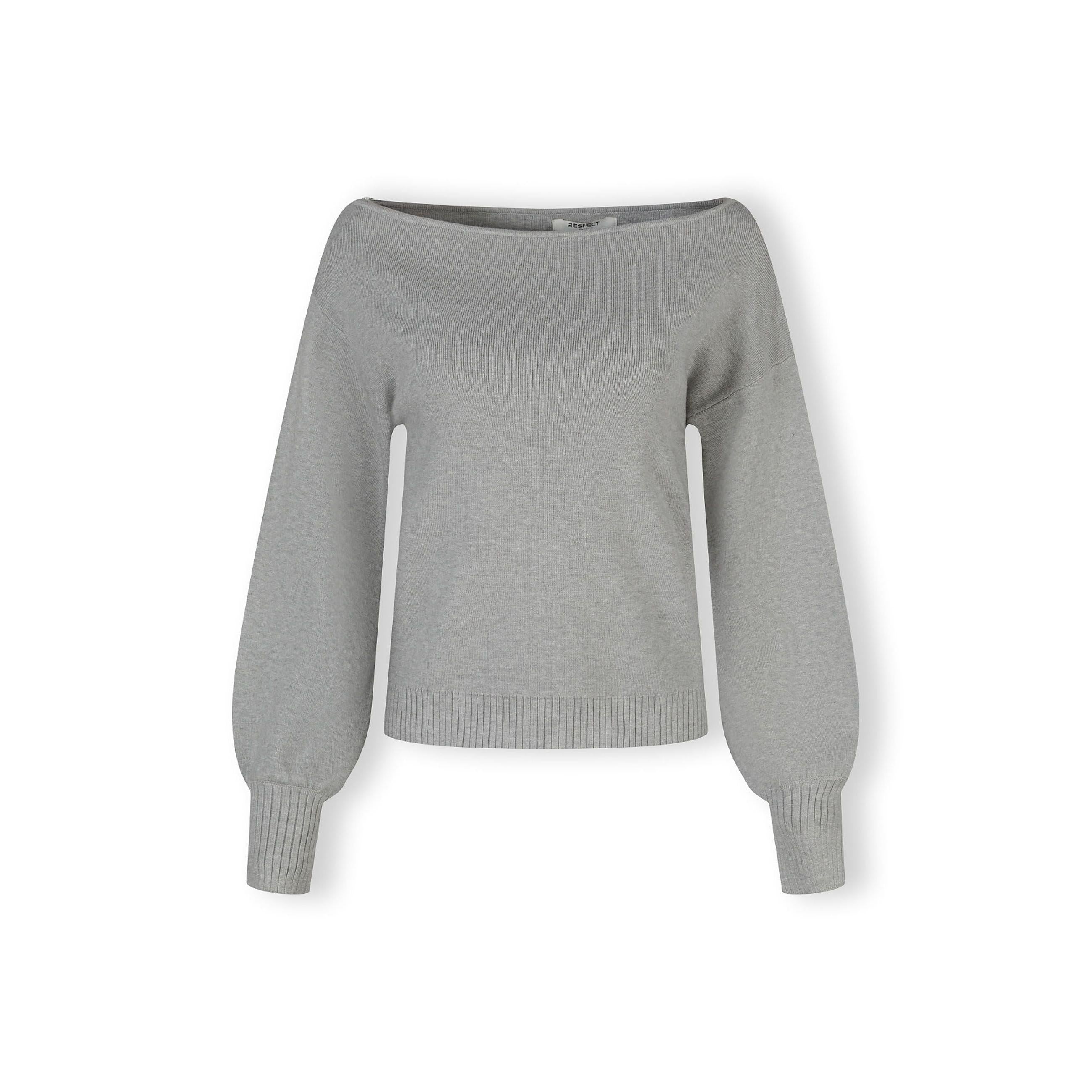 Grey boat neck jumper laid flat showing full garment construction with wide neckline, long sleeves and ribbed hem detail