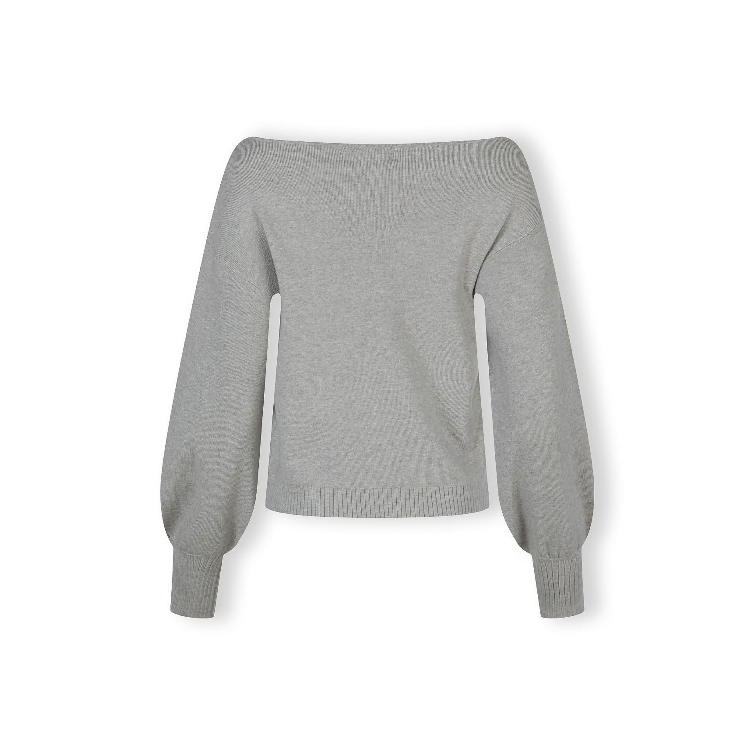 Grey boat neck jumper laid flat showing full garment construction with wide neckline, long sleeves and ribbed hem detail