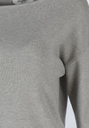 Detail of a women's grey jumper with a boat neckline and ribbed cuffs.