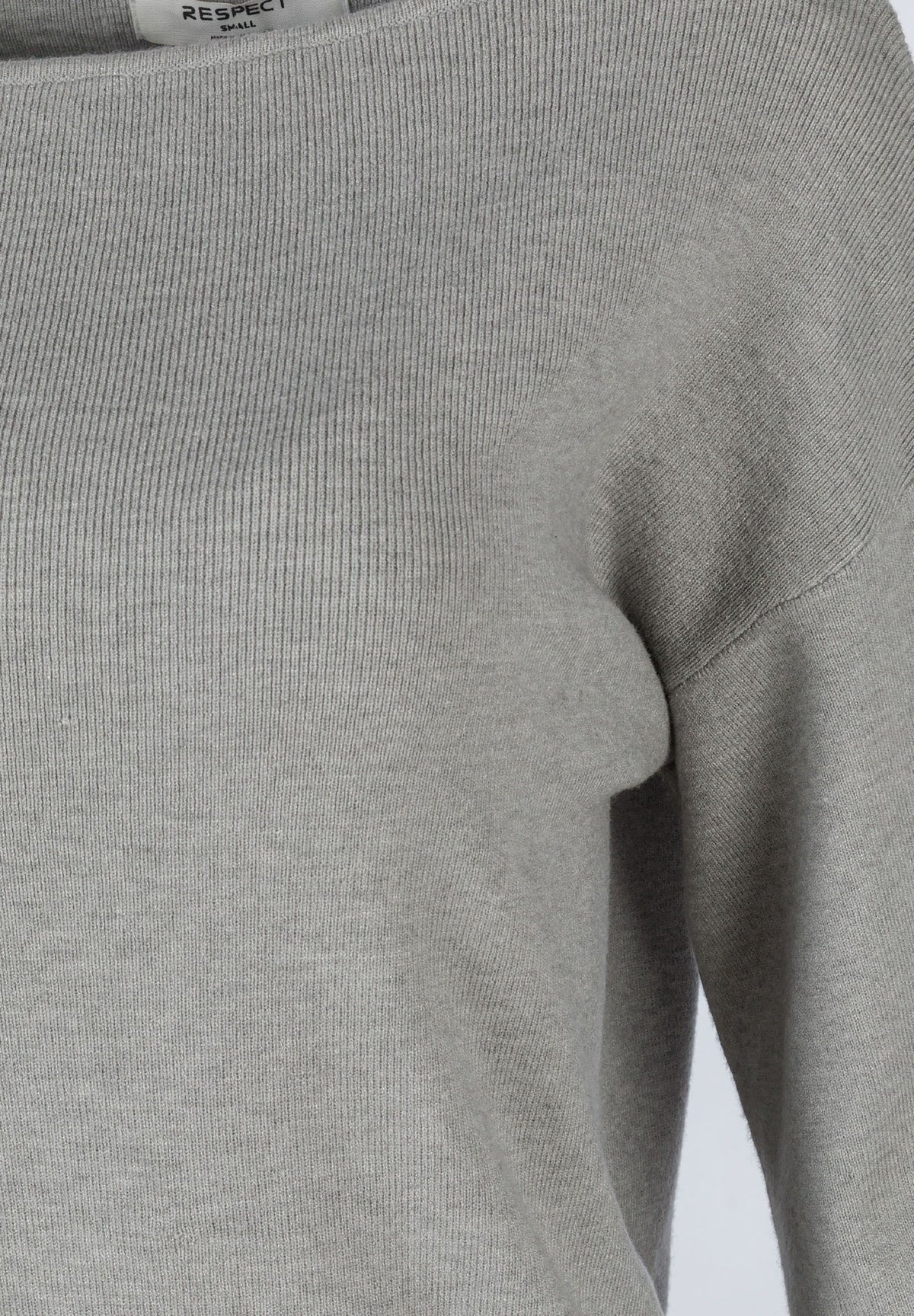 Grey boat neck jumper, knit detail.