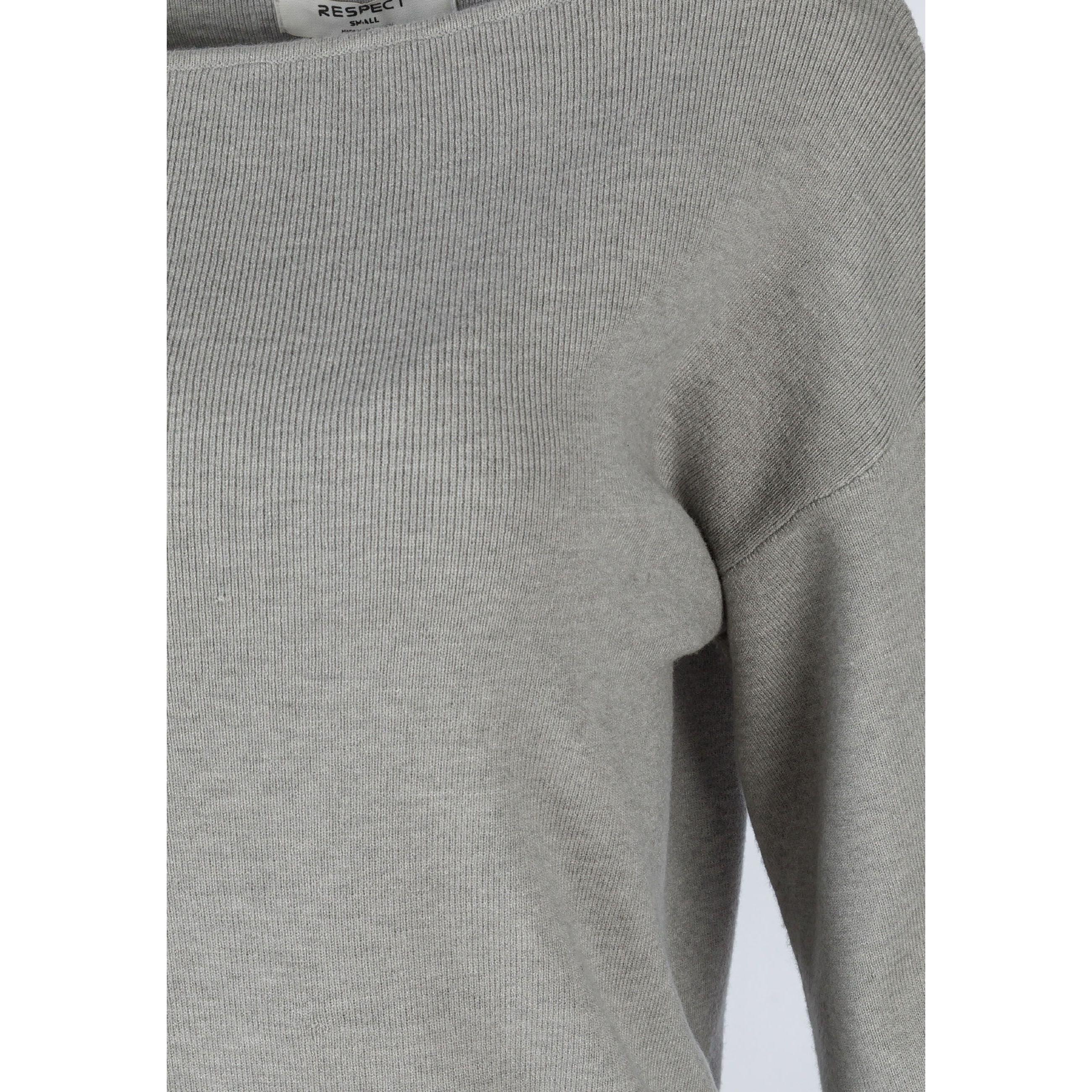 Close-up detail of grey knit jumper showing textured fabric weave and Respect brand label at neckline