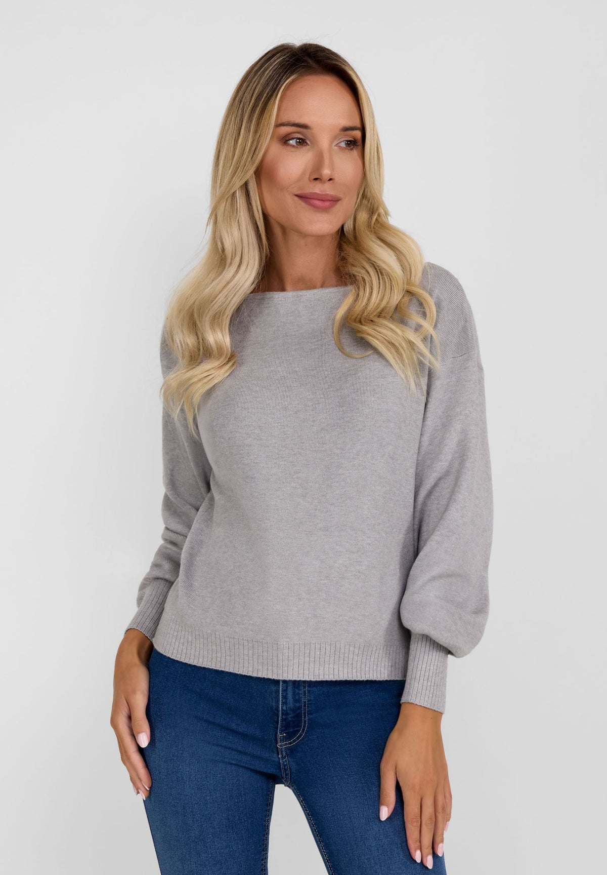 Grey boat neck jumper, model front.