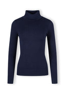 Navy women's turtleneck jumper, front view, featuring ribbed trims.