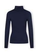 Back view of a navy women's turtleneck jumper with ribbed trims.