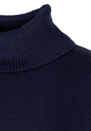 Close-up of a navy women's turtleneck jumper with ribbed trim.