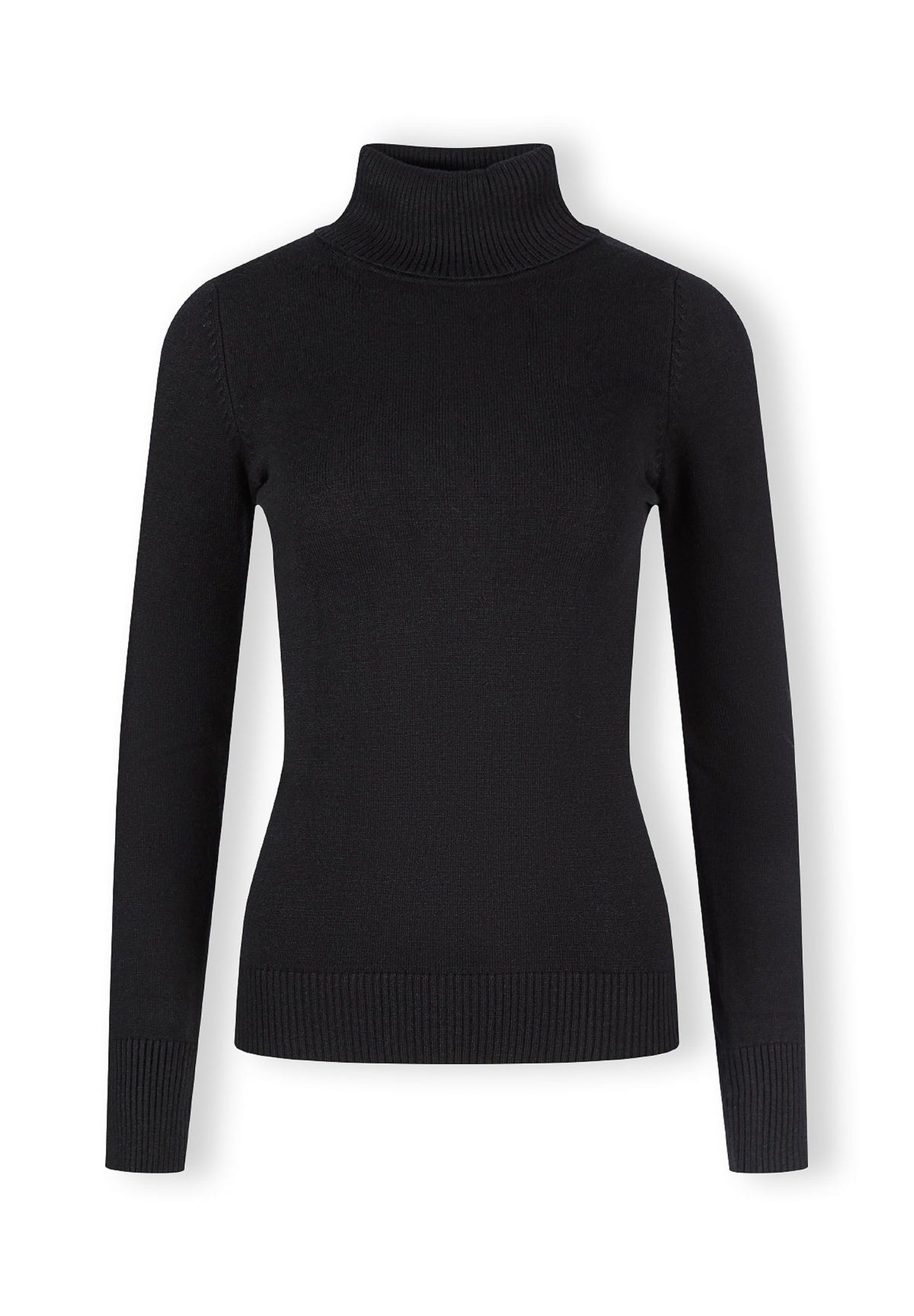 Black roll neck jumper, front.