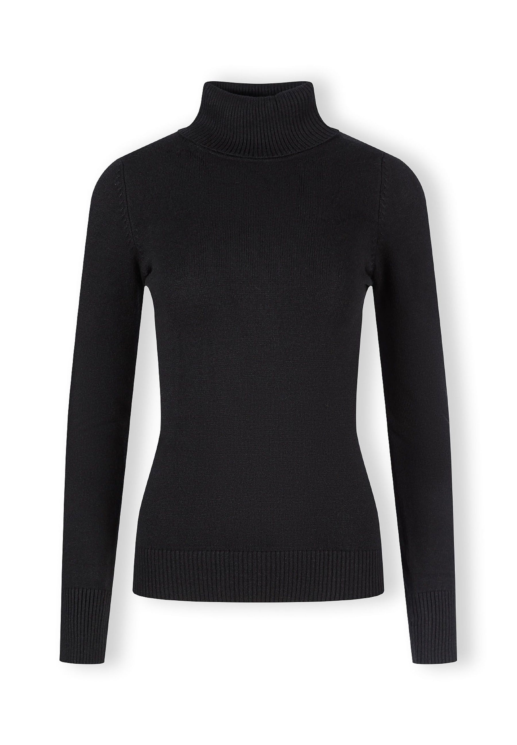 Women black turtleneck jumper, front view, features ribbed trims.
