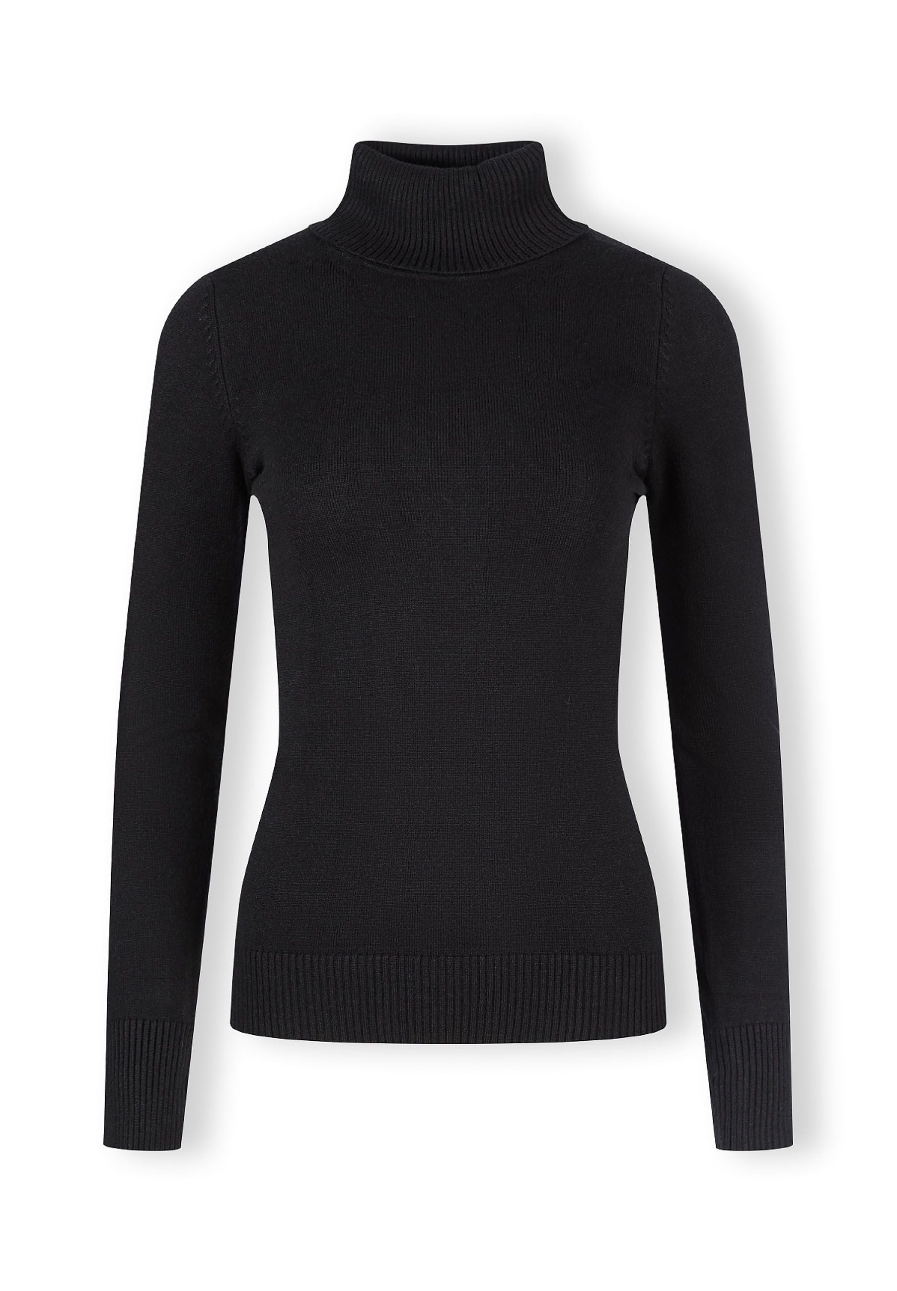 Women black turtleneck jumper, front view, features ribbed trims.