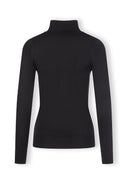 Back view of a black women's turtleneck jumper with ribbed trims.