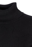 Close-up of a black women's turtleneck jumper with ribbed trims.