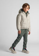 Boys grey ripstop jacket with high collar and elastic cuffs, front view.