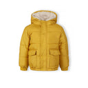 Boys mustard teddy lined jacket with hood, zip and snap closure, and flap pockets.