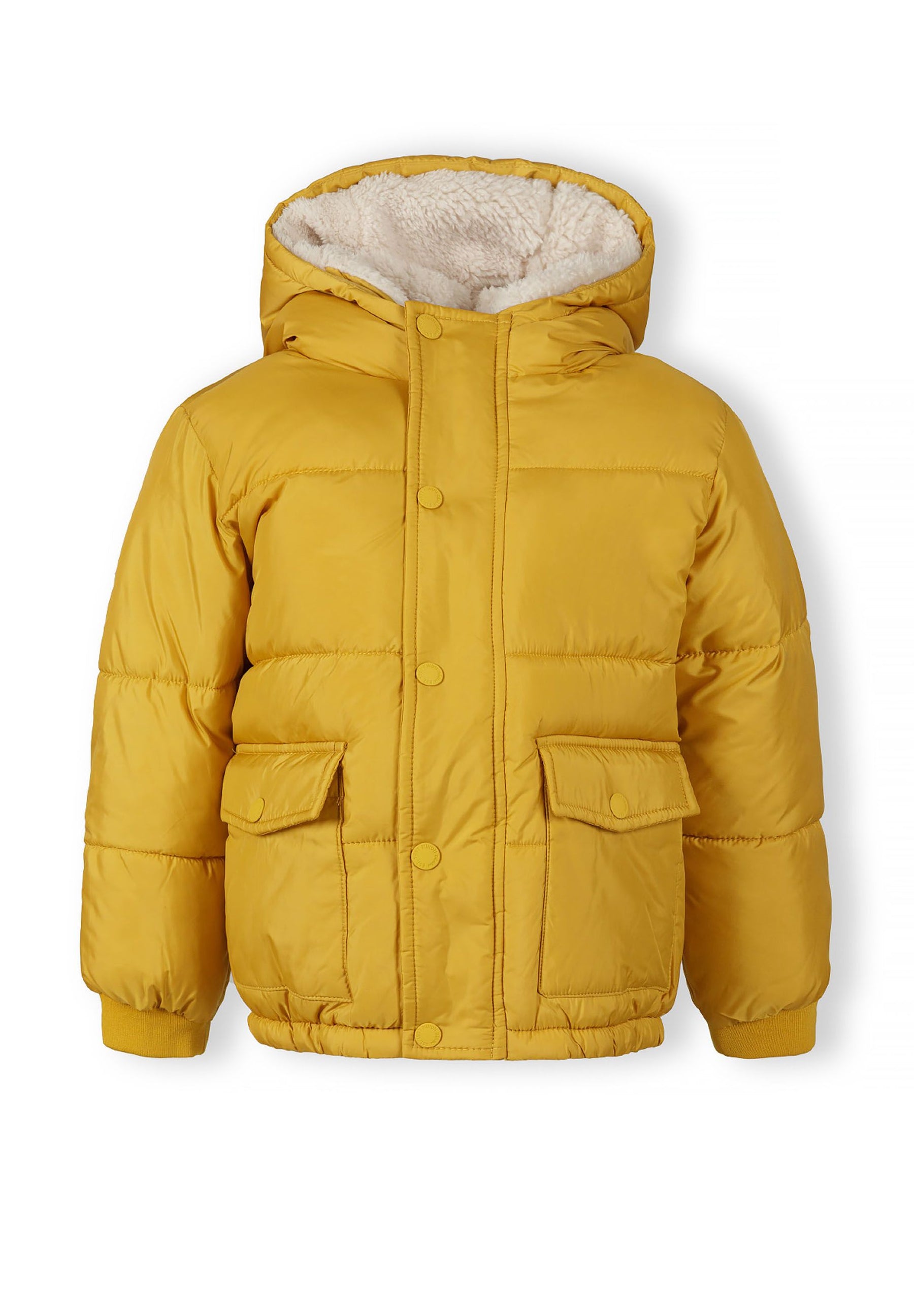 Boys mustard teddy lined jacket, front view with hood, featuring snap button pockets.