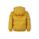 Boys mustard teddy lined puffer jacket with hood, elasticated hem, and sleeve badge.