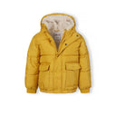 Boys mustard puffer jacket with teddy fleece lining, hood, zip, snap buttons, and flap pockets.