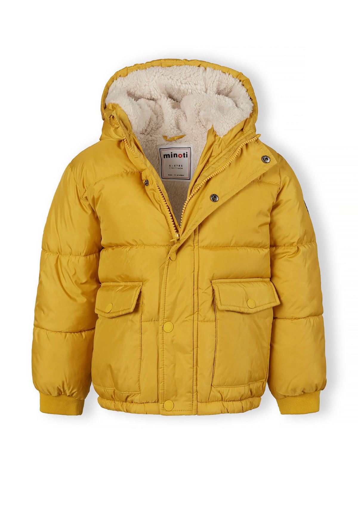 The mustard yellow puffer jacket shown open to reveal the inside.