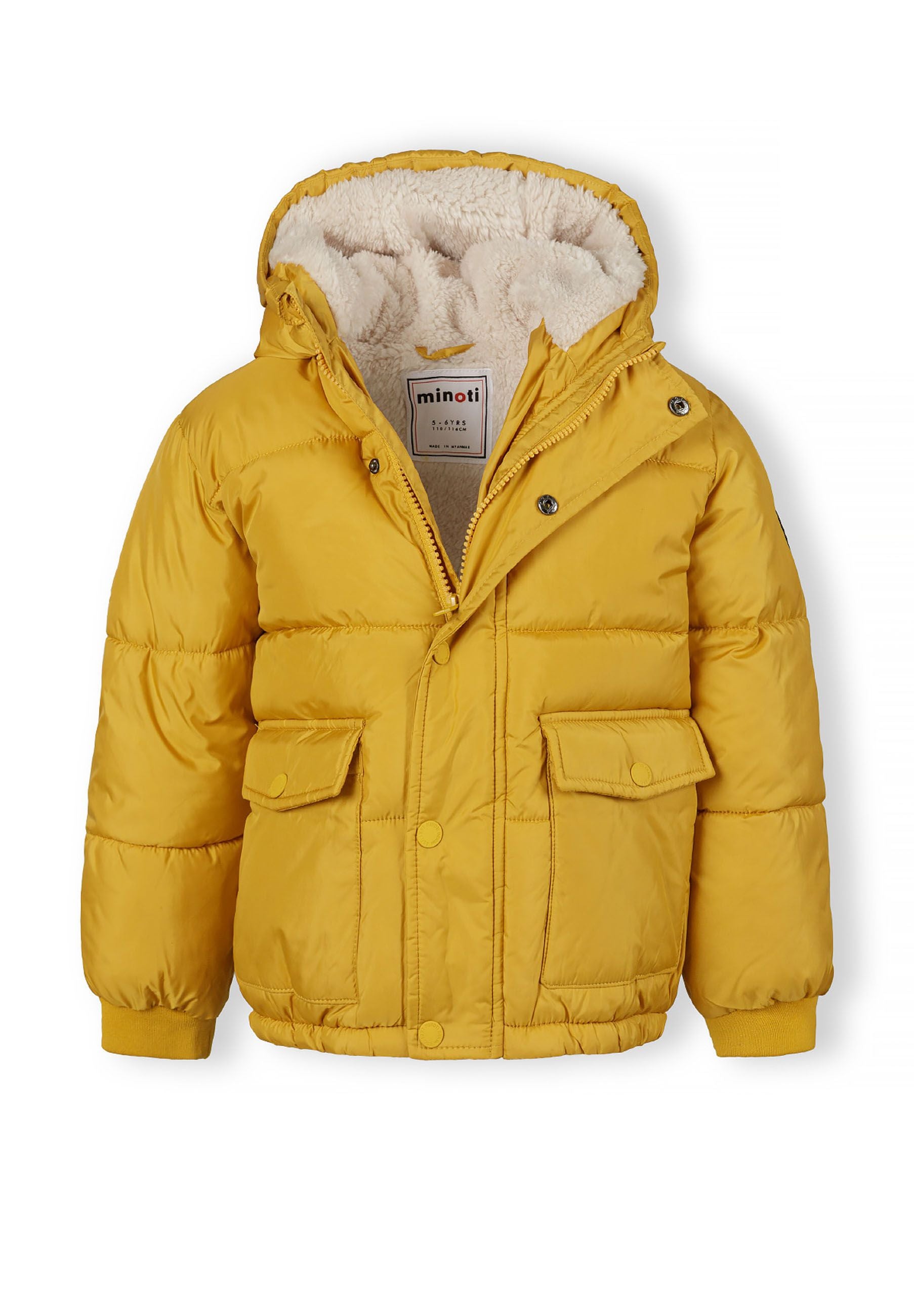 Boys mustard teddy lined jacket with hood, front view, featuring two flap pockets and a zip closure.