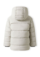 Boys' grey puffer jacket with hood, back view, featuring quilted design.