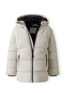 Boys' grey PU jacket, front view, with hood, zip closure, and side pockets.