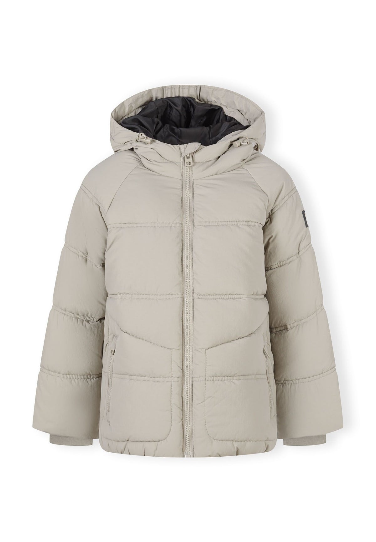Front of a stone puffer jacket.