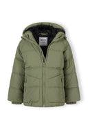 Boys quilted khaki jacket with hood and zip pockets, front view.