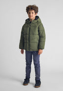 Boys quilted jacket in khaki, front view, features a hood and zip pockets.