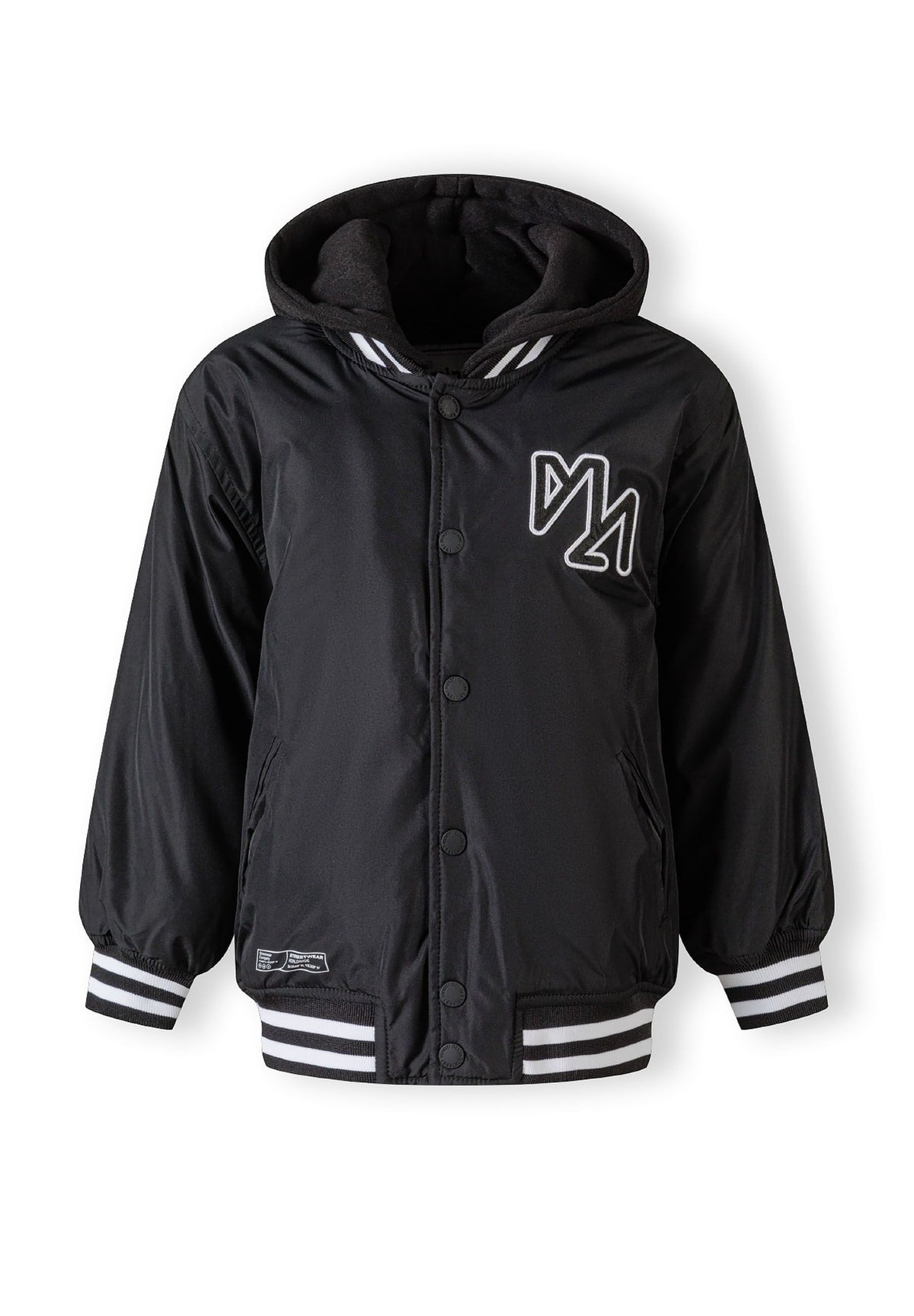 Front of a black varsity jacket.