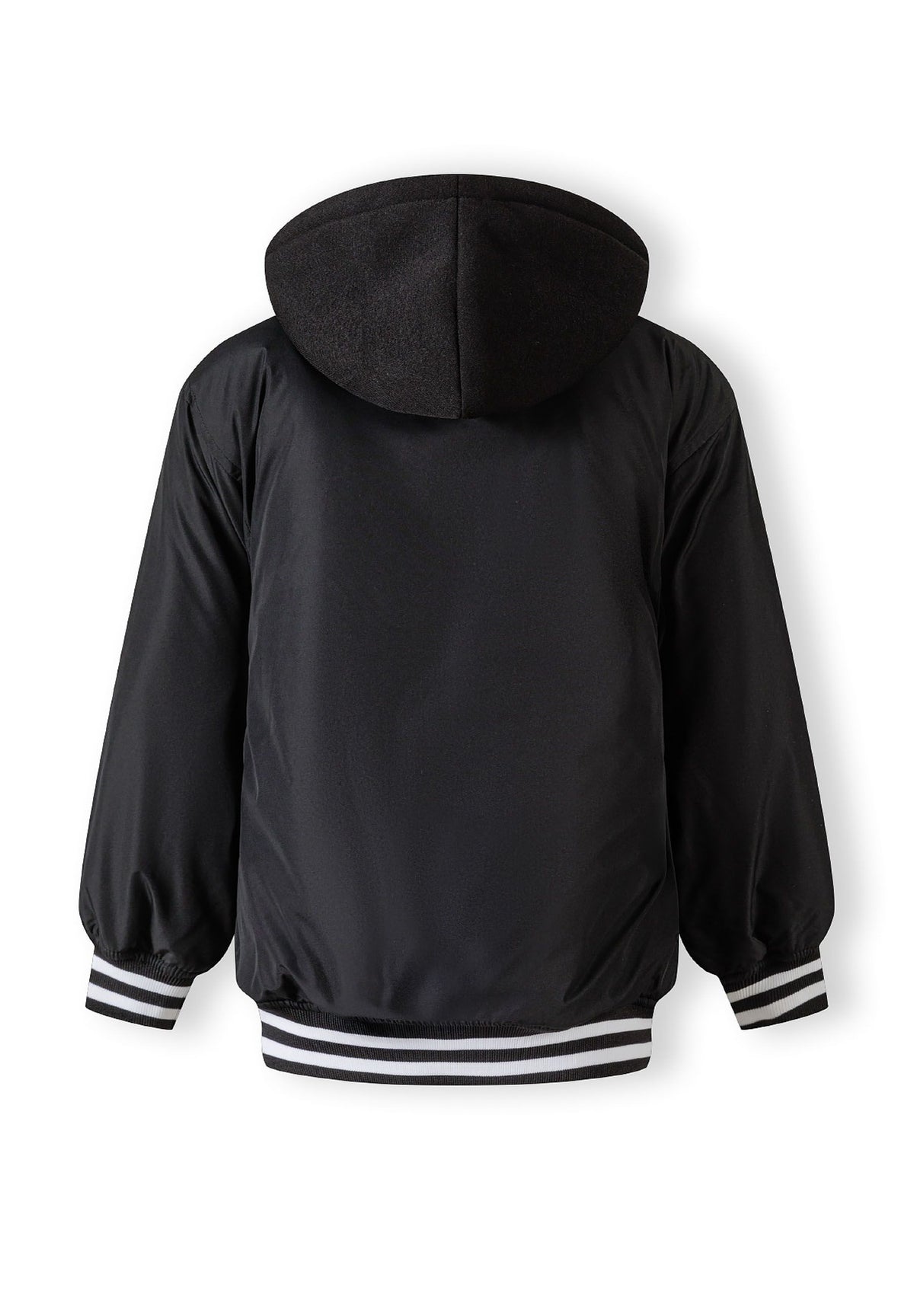 Back of a black varsity jacket.
