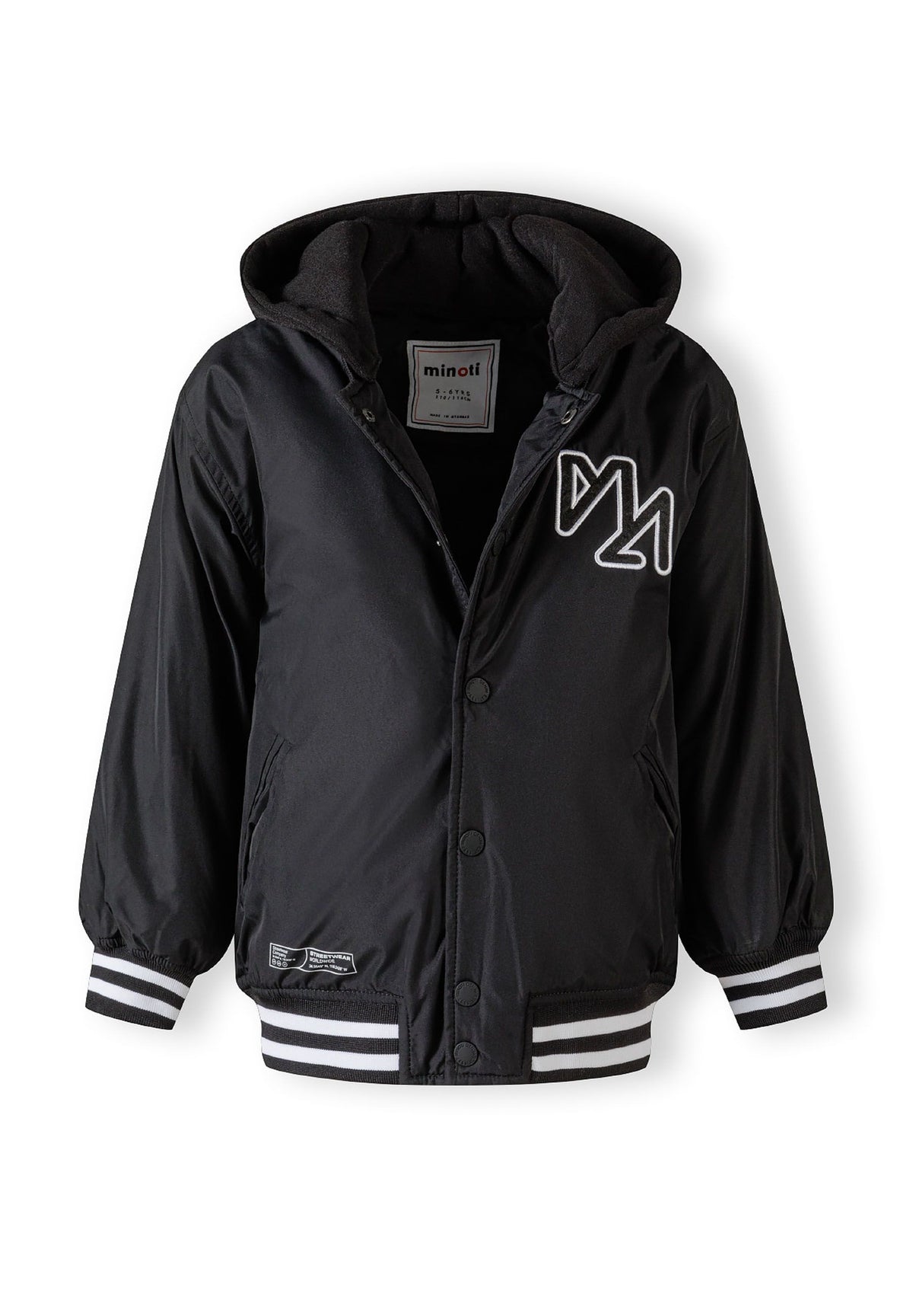 The black varsity jacket shown open to reveal the inside.