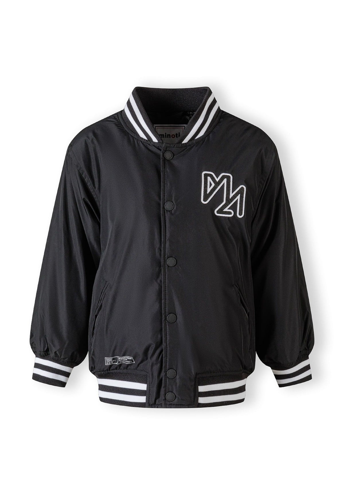 Front of the black varsity jacket, with the hood removed.