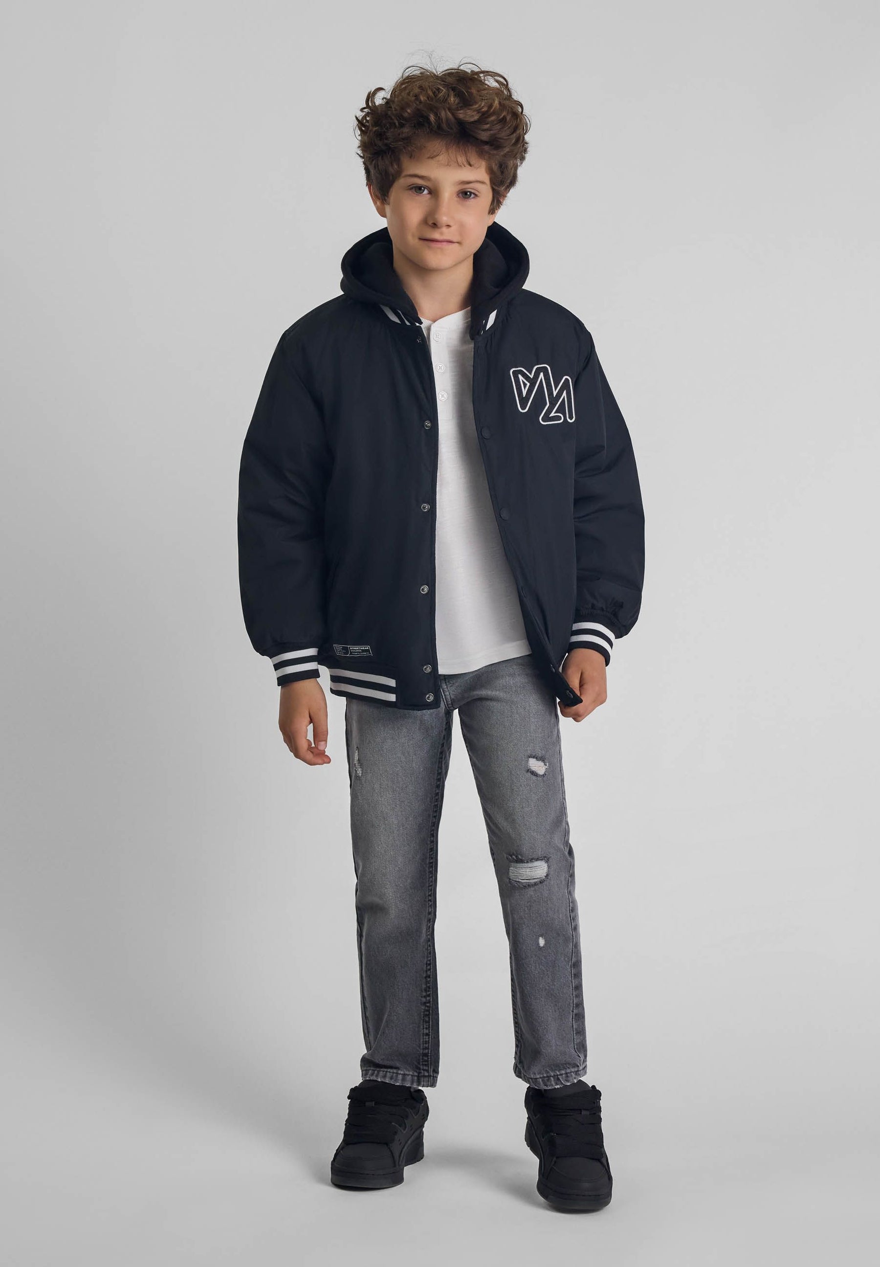 Baseball Jacket Black, Hooded, Striped Cuffs - 1